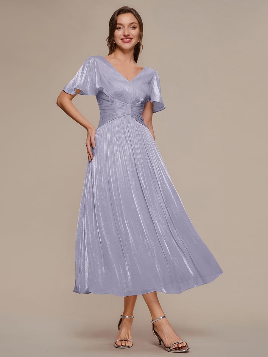 Gathered Sea-island filament fabircs Ruffle Sleeve Dress #color_Frosted Lilac