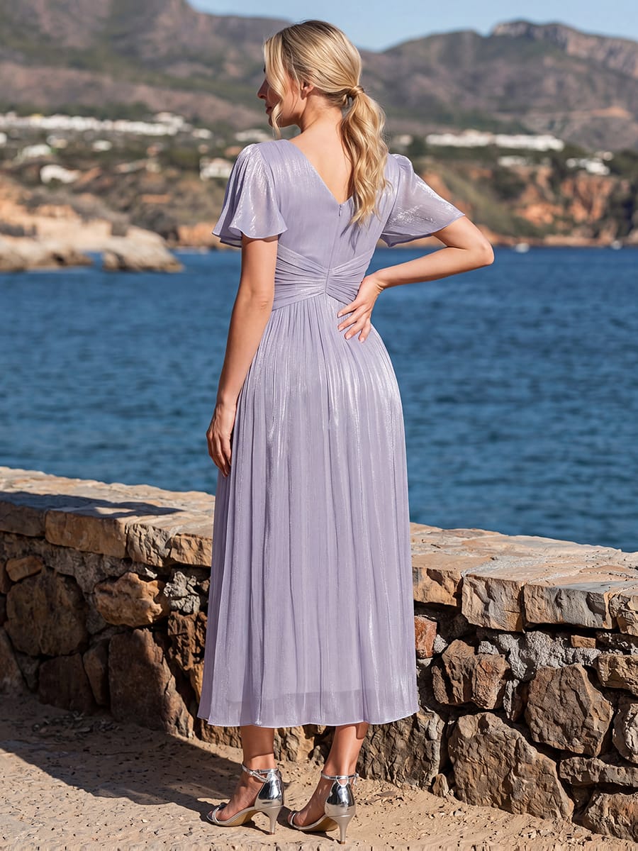 Gathered Sea-island filament fabircs Ruffle Sleeve Dress #color_Frosted Lilac