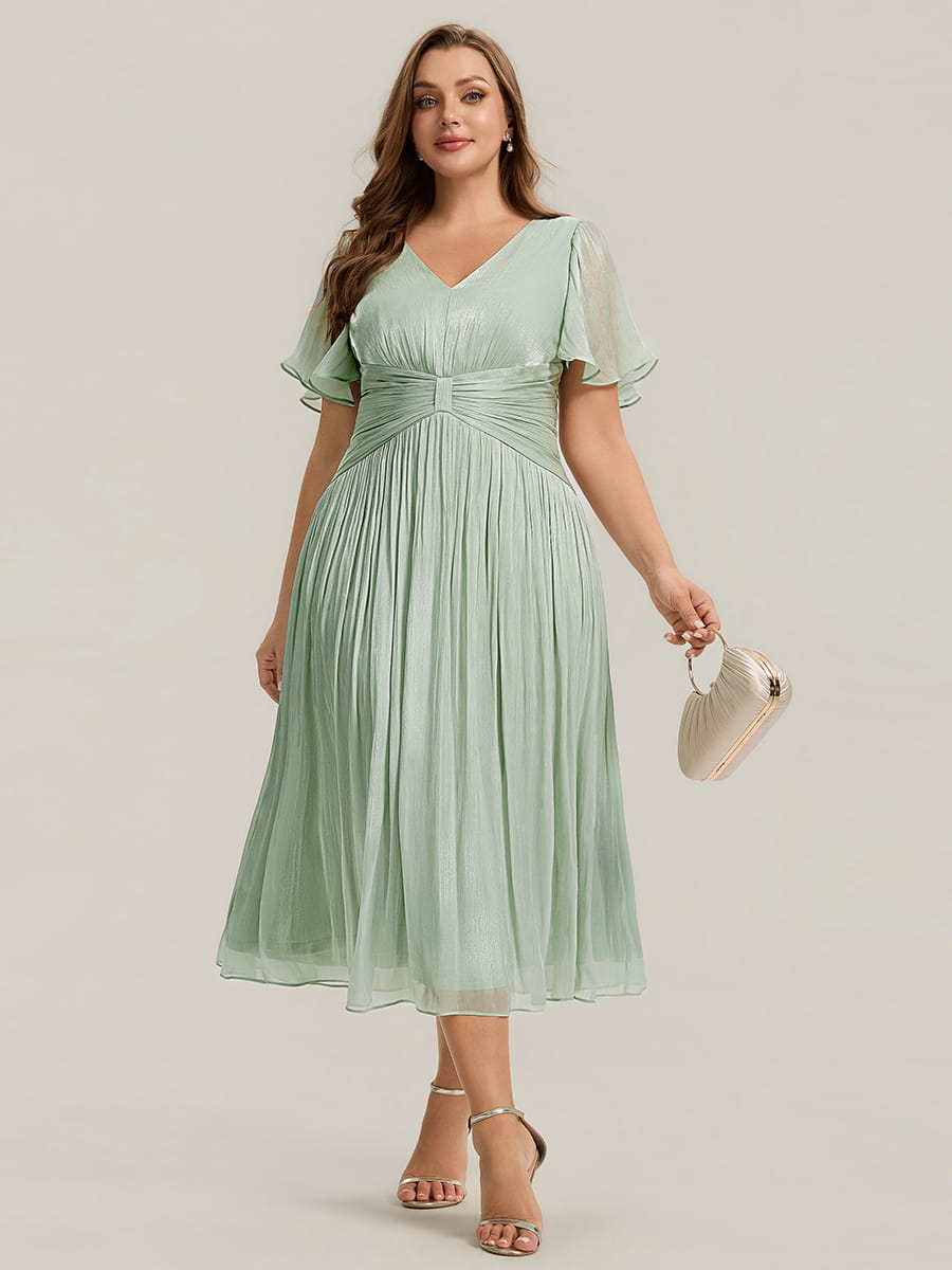 Gathered Sea-island filament fabircs Ruffle Sleeve Dress #color_Mint Green