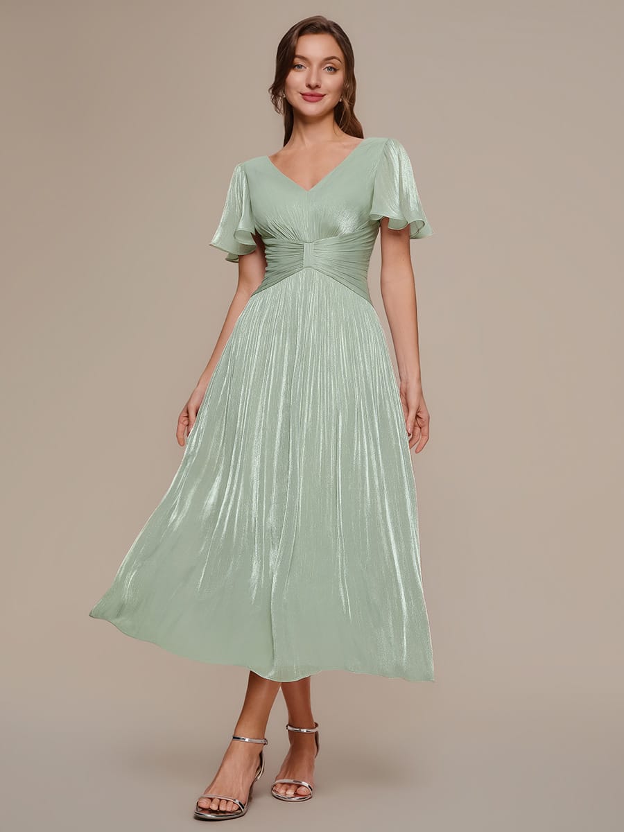 Gathered Sea-island filament fabircs Ruffle Sleeve Dress #color_Mint Green