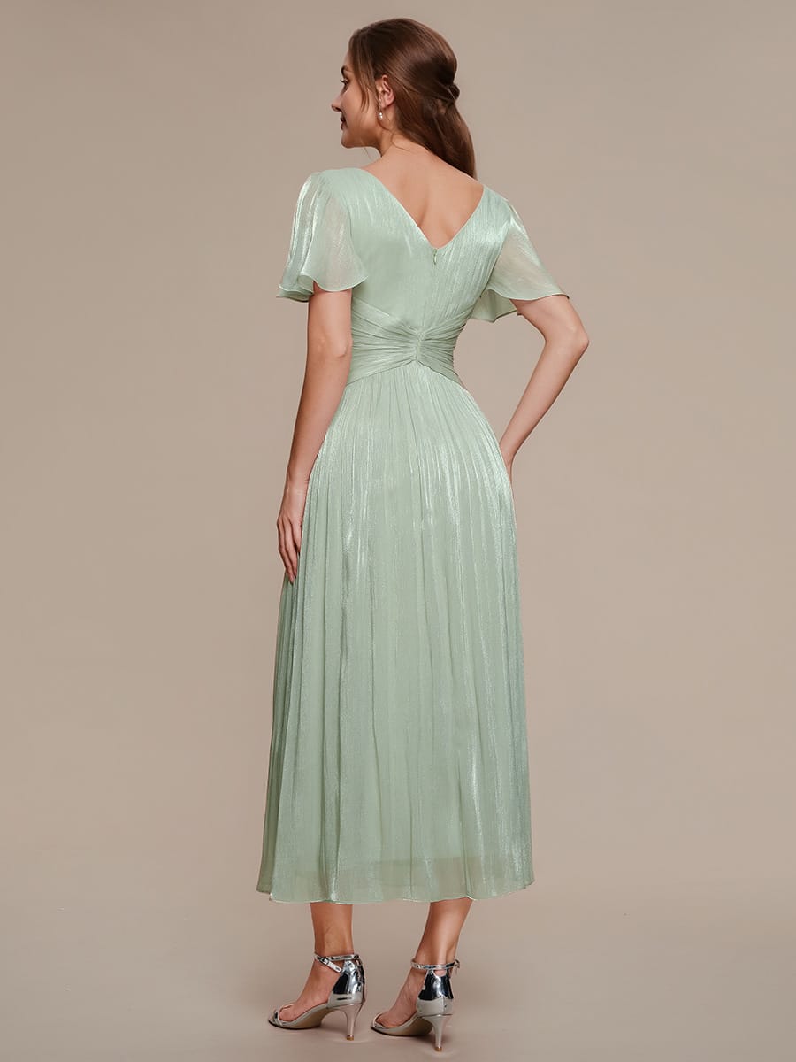 Gathered Sea-island filament fabircs Ruffle Sleeve Dress #color_Mint Green
