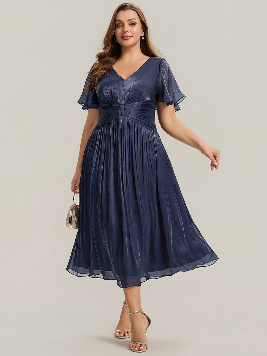 Gathered Sea-island filament fabircs Ruffle Sleeve Dress #color_Navy Blue