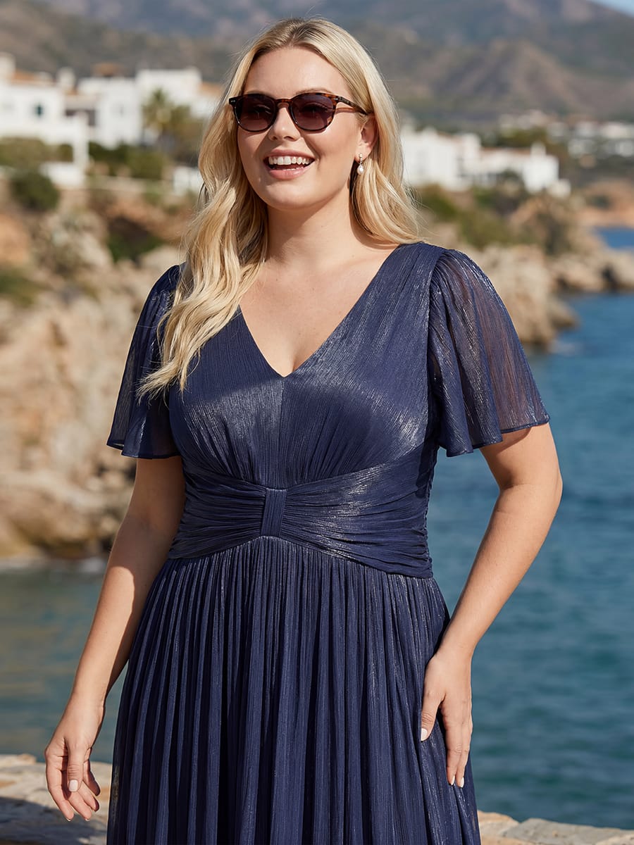 Gathered Sea-island filament fabircs Ruffle Sleeve Dress #color_Navy Blue