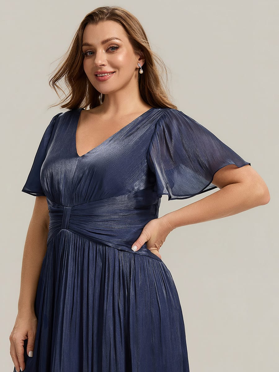 Gathered Sea-island filament fabircs Ruffle Sleeve Dress #color_Navy Blue