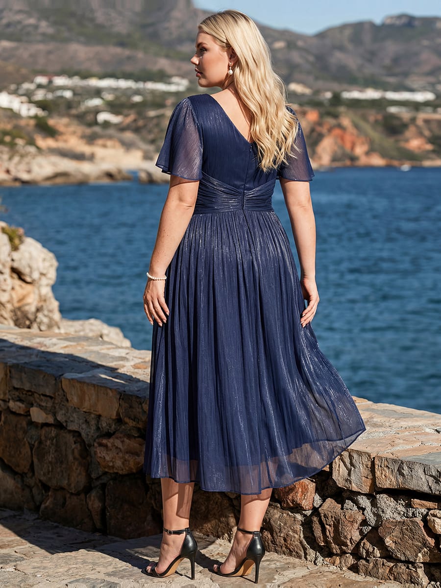 Gathered Sea-island filament fabircs Ruffle Sleeve Dress #color_Navy Blue