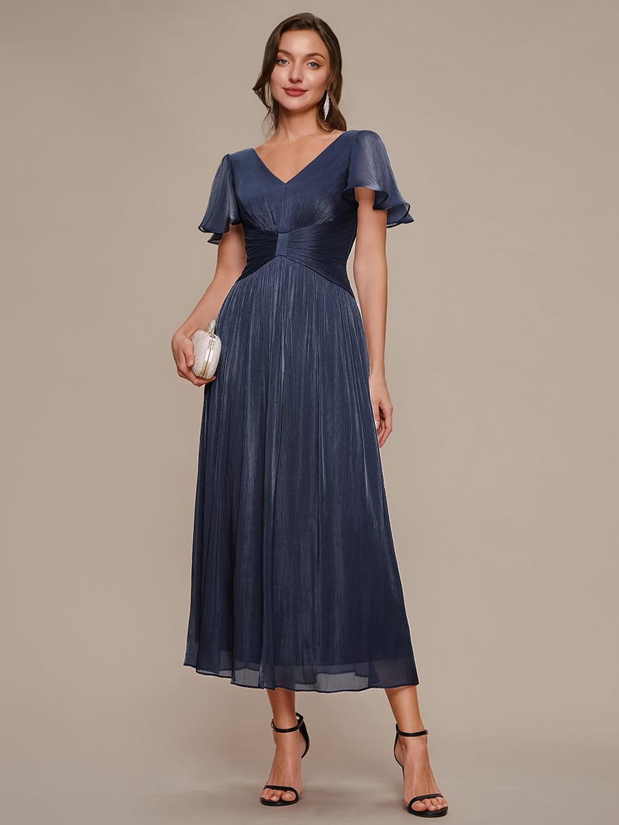 Gathered Sea-island filament fabircs Ruffle Sleeve Dress #color_Navy Blue
