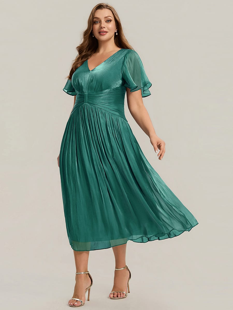 Gathered Sea-island filament fabircs Ruffle Sleeve Dress #color_Teal Blue