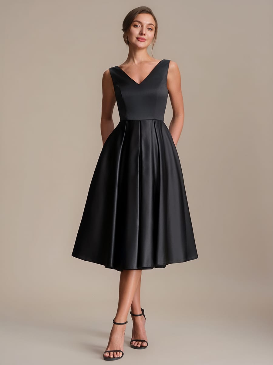Pleated Satin Sleeveless Dress #color_Black