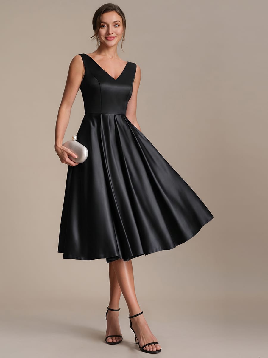 Pleated Satin Sleeveless Dress #color_Black