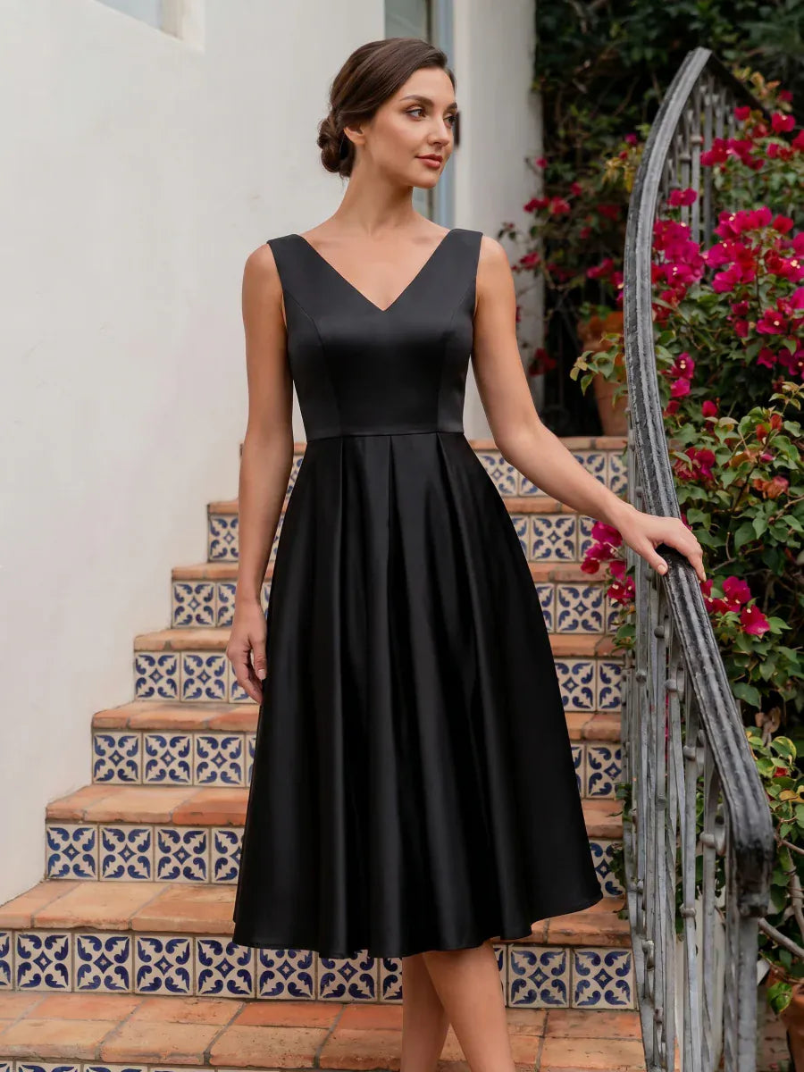 Pleated Satin Sleeveless Dress #color_Black