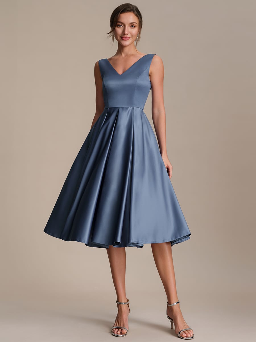 Pleated Satin Sleeveless Dress #color_Dusty Blue