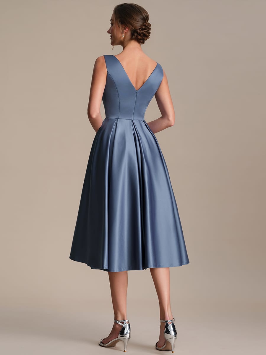 Pleated Satin Sleeveless Dress #color_Dusty Blue