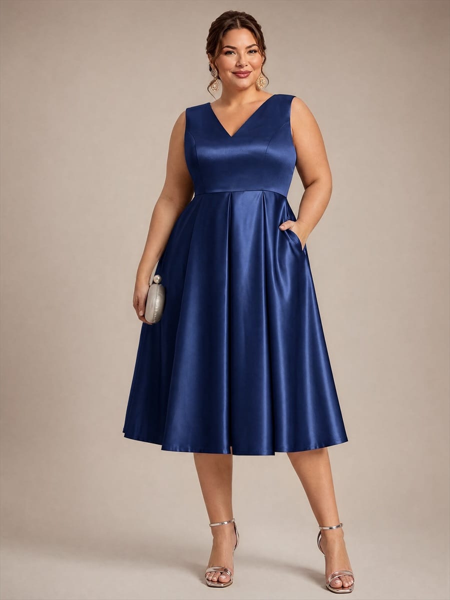 Pleated Satin Sleeveless Dress #color_Navy Blue