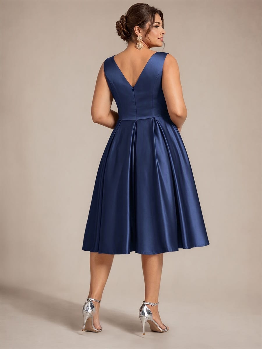 Pleated Satin Sleeveless Dress #color_Navy Blue