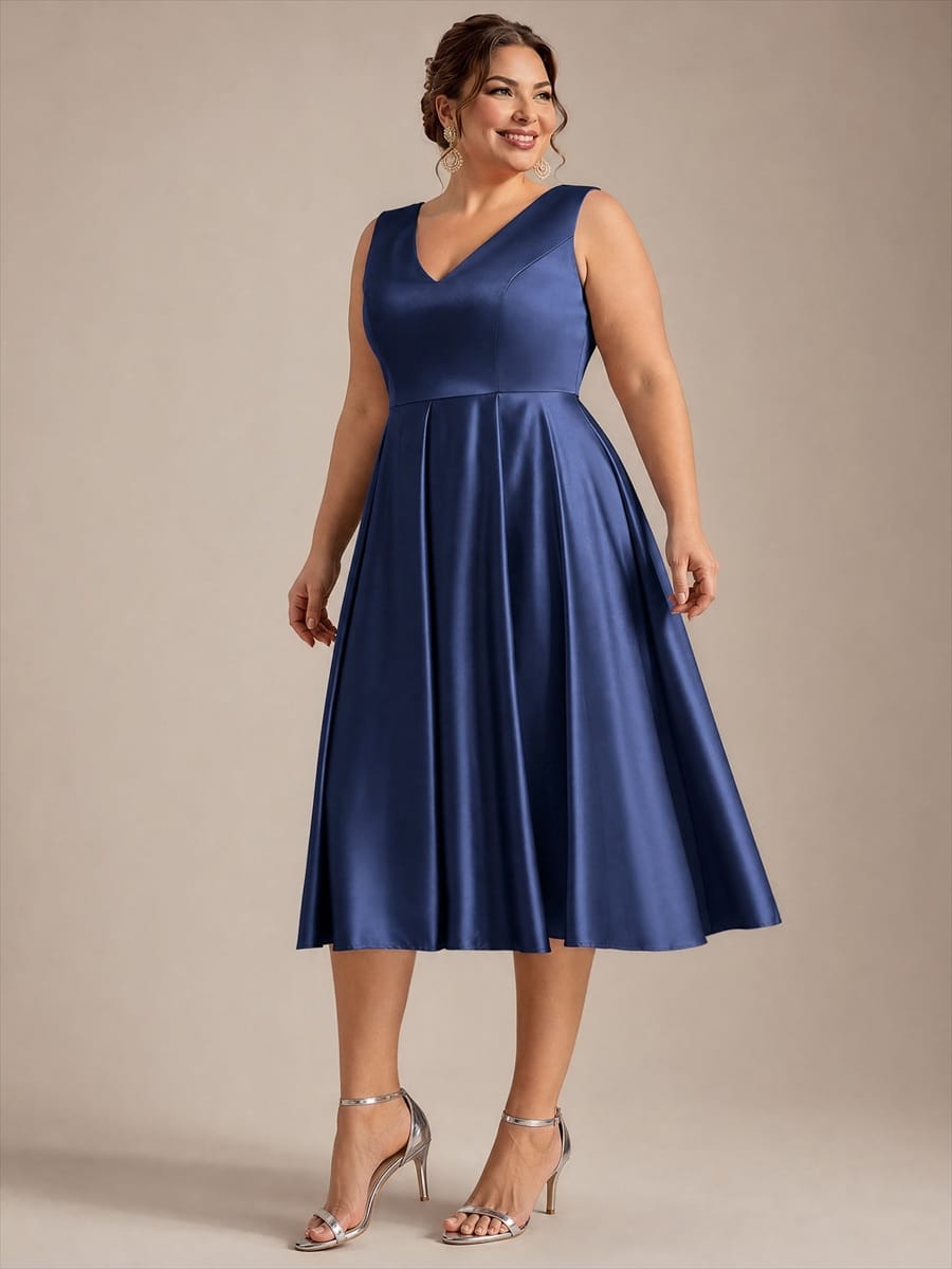 Pleated Satin Sleeveless Dress #color_Navy Blue