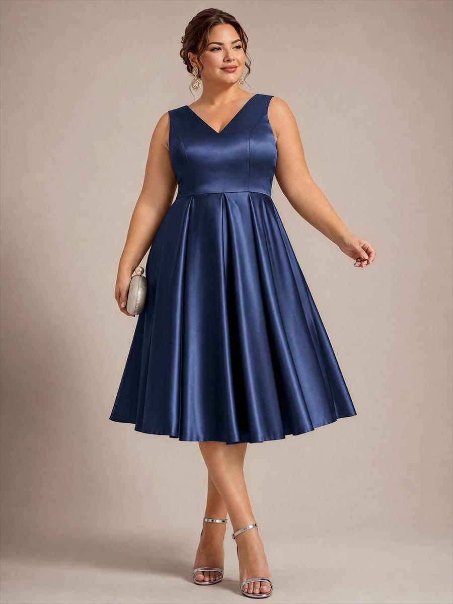 Pleated Satin Sleeveless Dress #color_Navy Blue
