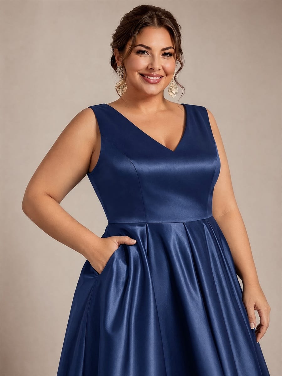 Pleated Satin Sleeveless Dress #color_Navy Blue