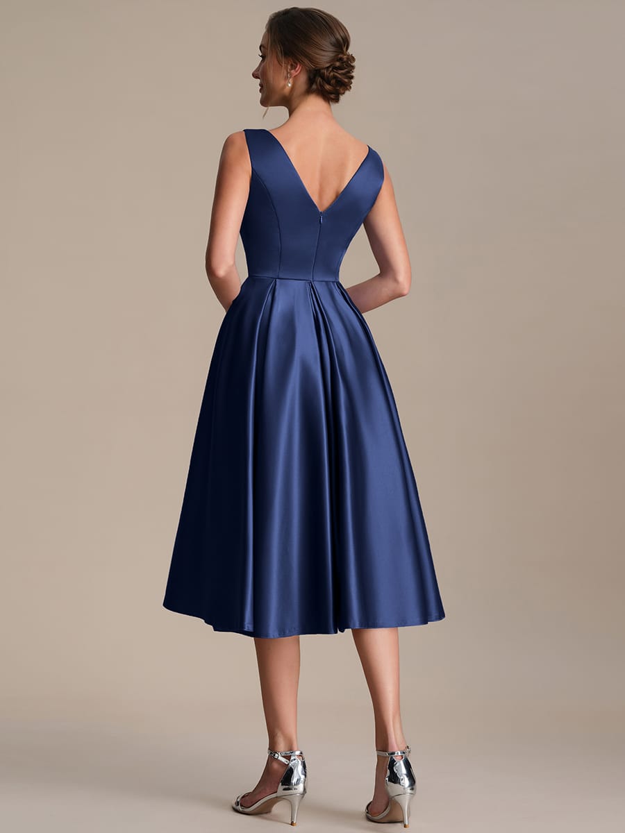 Pleated Satin Sleeveless Dress #color_Navy Blue