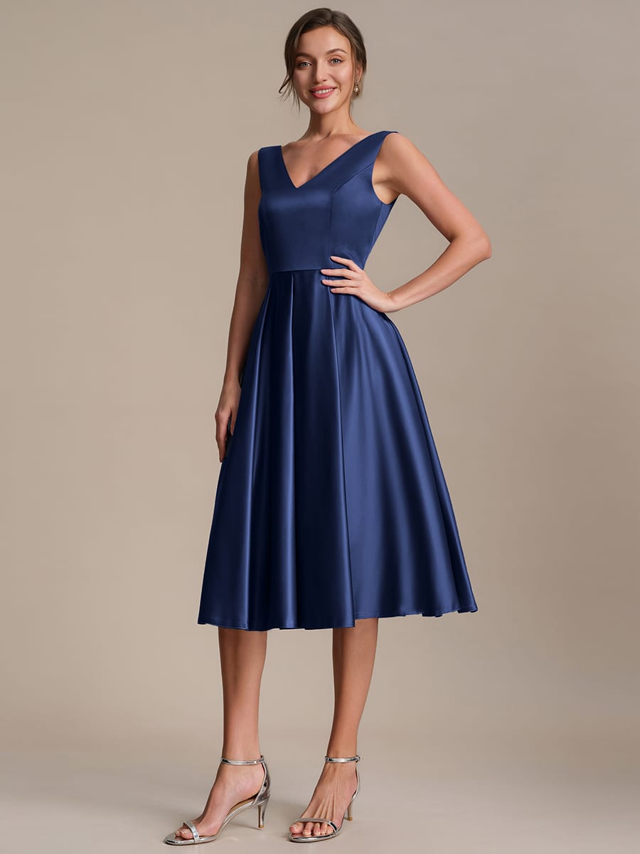 Pleated Satin Sleeveless Dress #color_Navy Blue