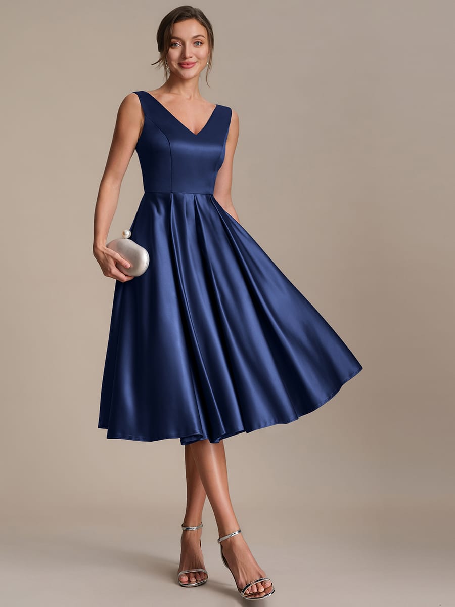 Pleated Satin Sleeveless Dress #color_Navy Blue