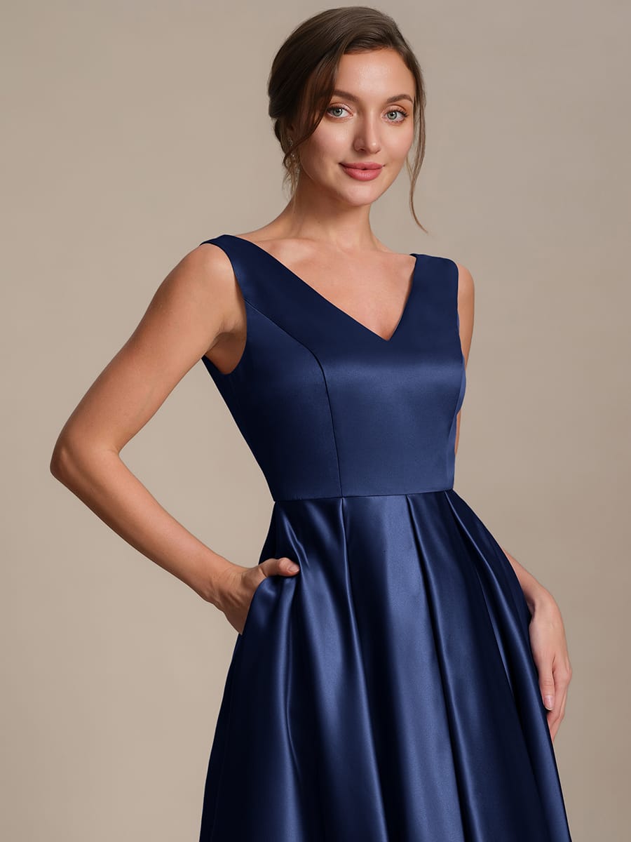 Pleated Satin Sleeveless Dress #color_Navy Blue