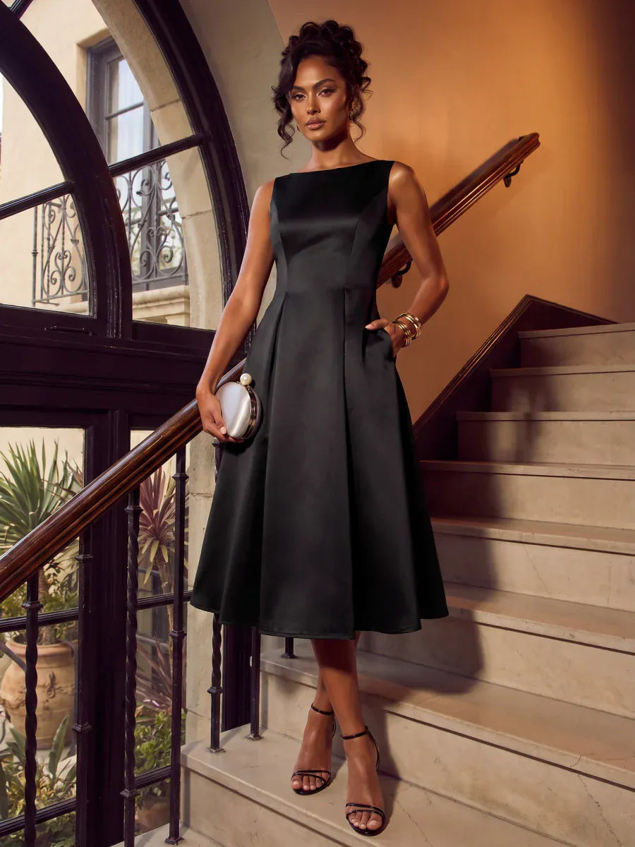 Satin Sleeveless Ball-Gown Dress #color_Black