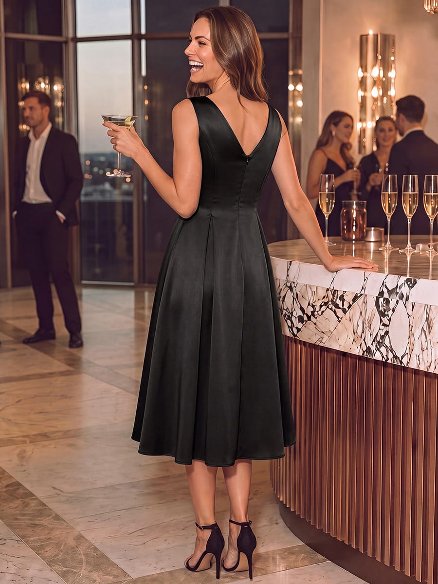 Satin Sleeveless Ball-Gown Dress #color_Black