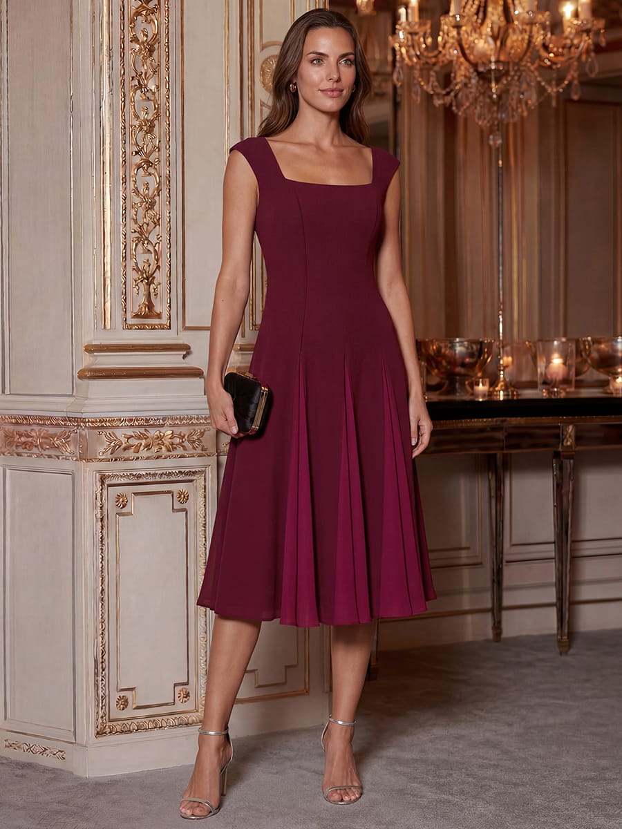 Patchwork Crepe Cap Sleeve Dress #color_Burgundy