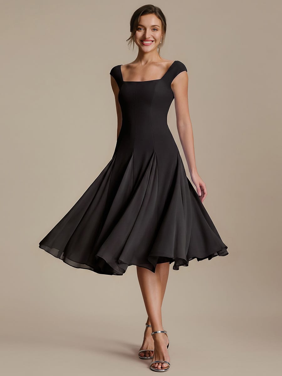 Patchwork Crepe Cap Sleeve Dress #color_Black