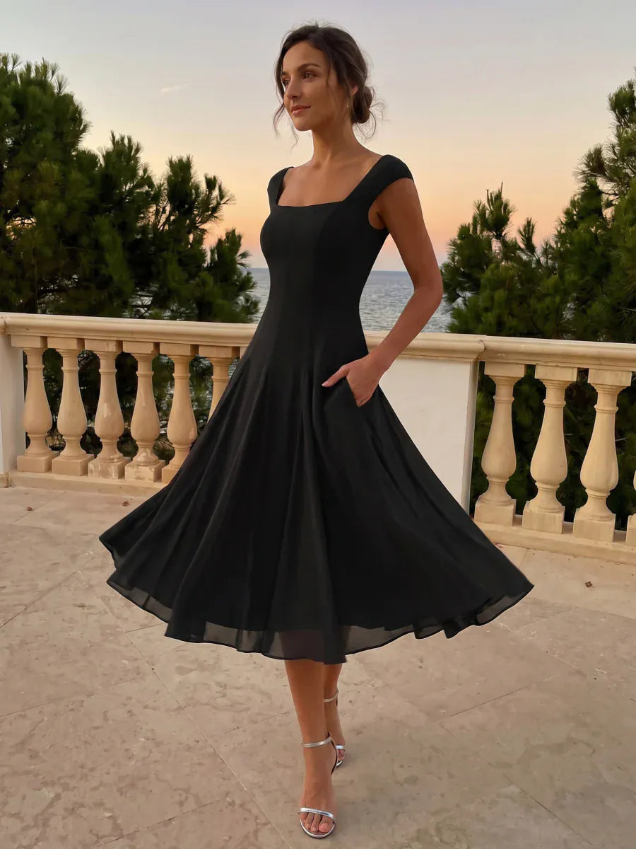 Patchwork Crepe Cap Sleeve Dress #color_Black