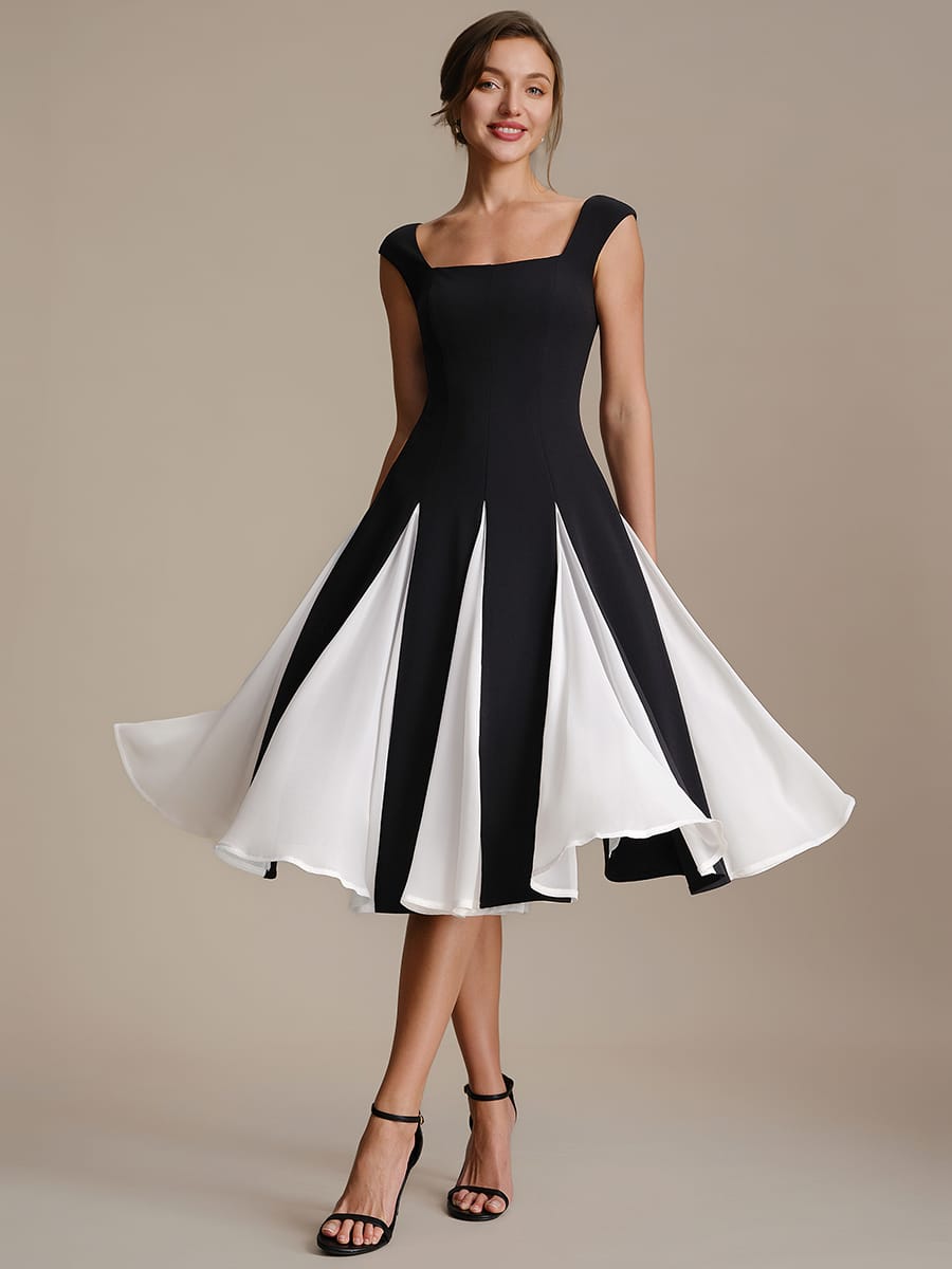 Patchwork Crepe Cap Sleeve Dress #color_Ivory-Black