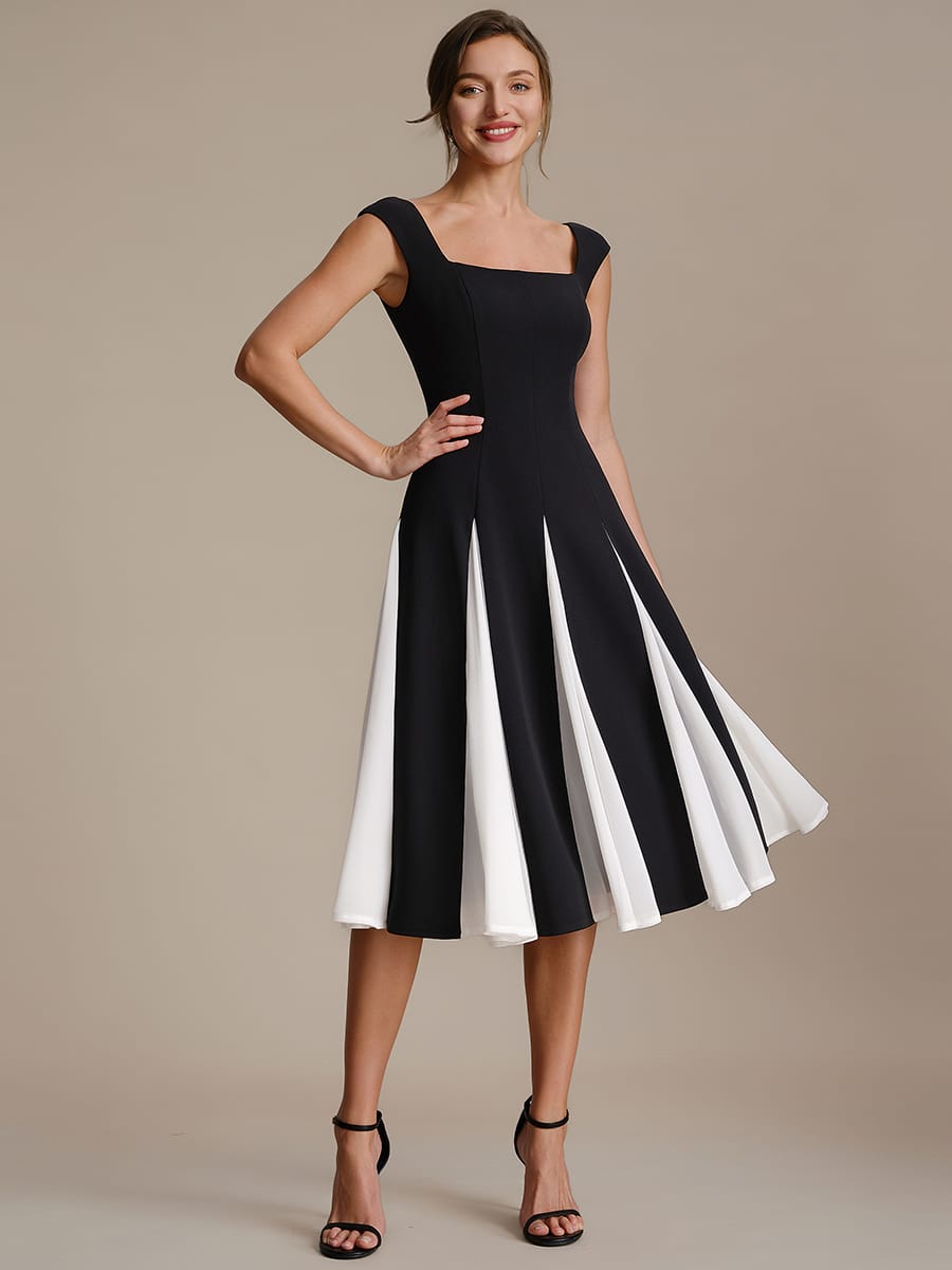 Patchwork Crepe Cap Sleeve Dress #color_Ivory-Black