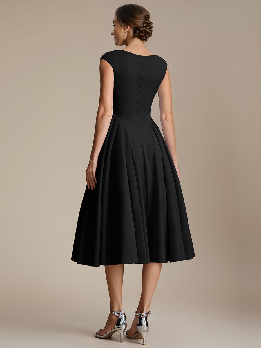 Pleated Crepe Cap Sleeve Dress #color_Black