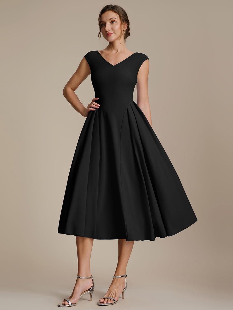 Pleated Crepe Cap Sleeve Dress #color_Black