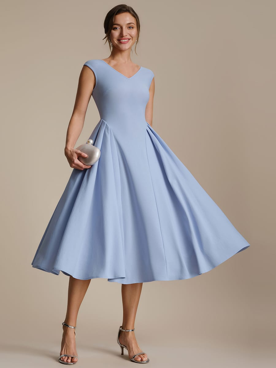 Pleated Crepe Cap Sleeve Dress #color_Ice Blue