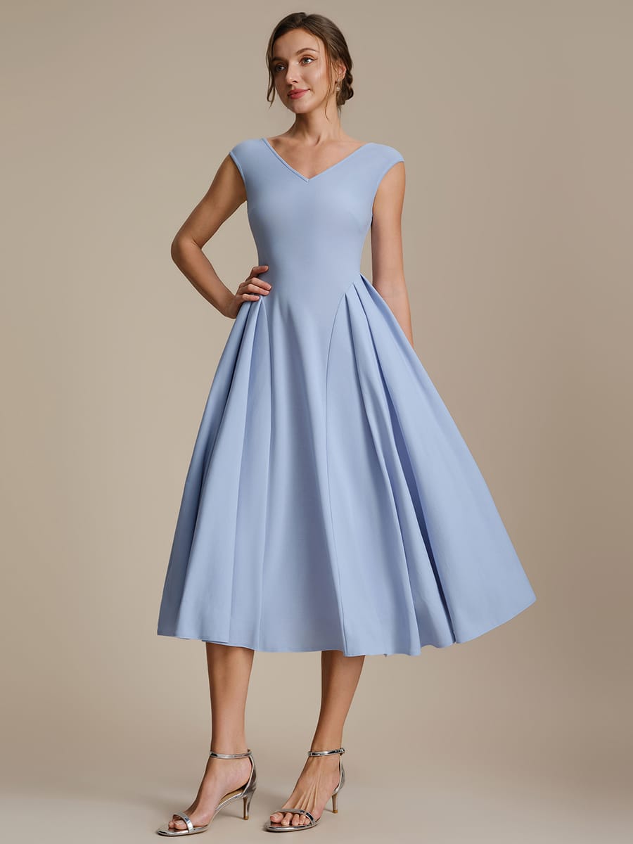 Pleated Crepe Cap Sleeve Dress #color_Ice Blue