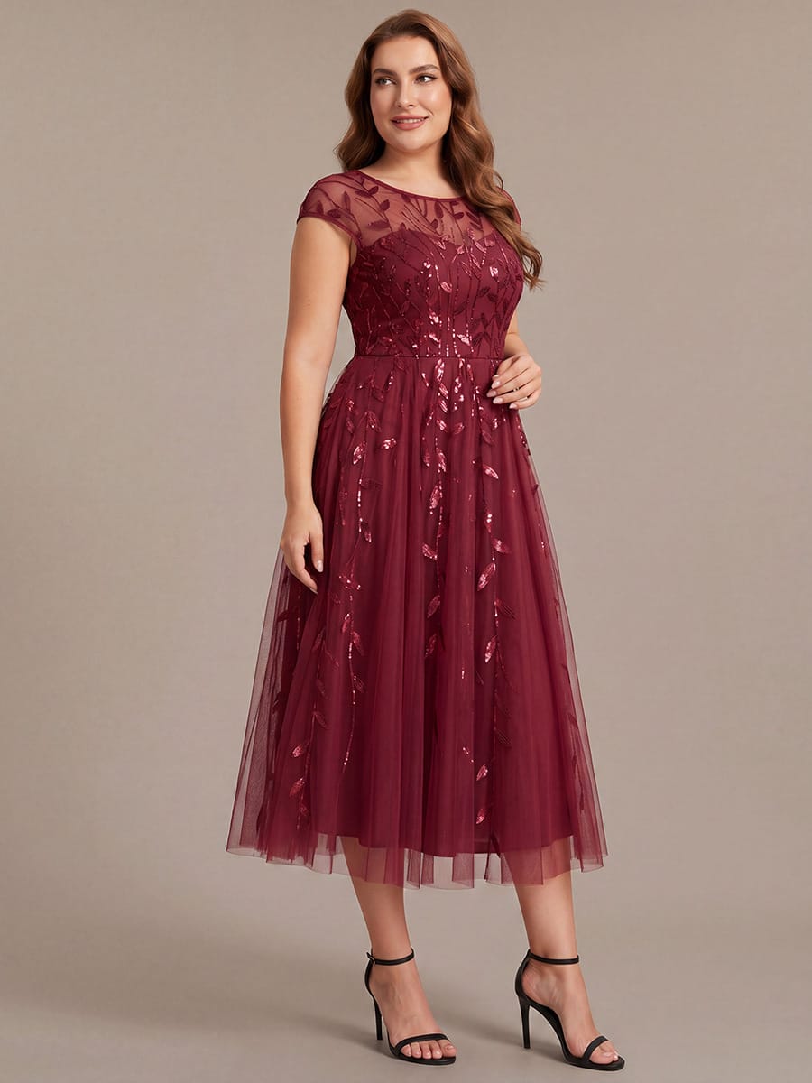 See-through Sequin Cap Sleeve Dress #color_Burgundy