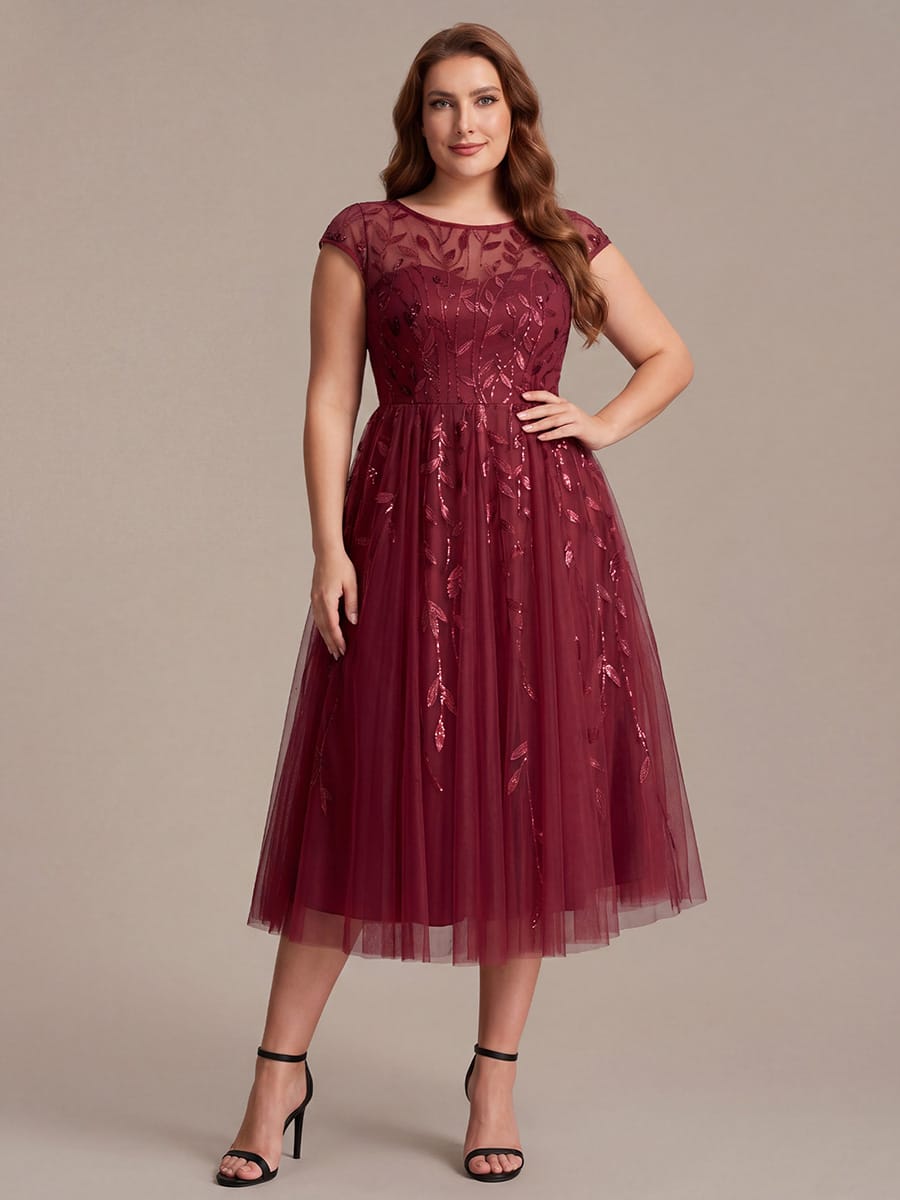 See-through Sequin Cap Sleeve Dress #color_Burgundy