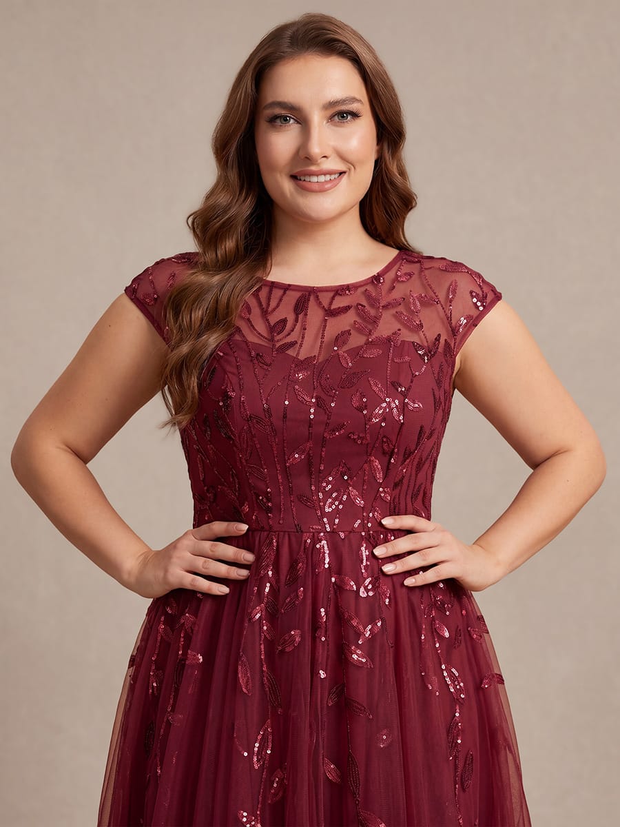 See-through Sequin Cap Sleeve Dress #color_Burgundy