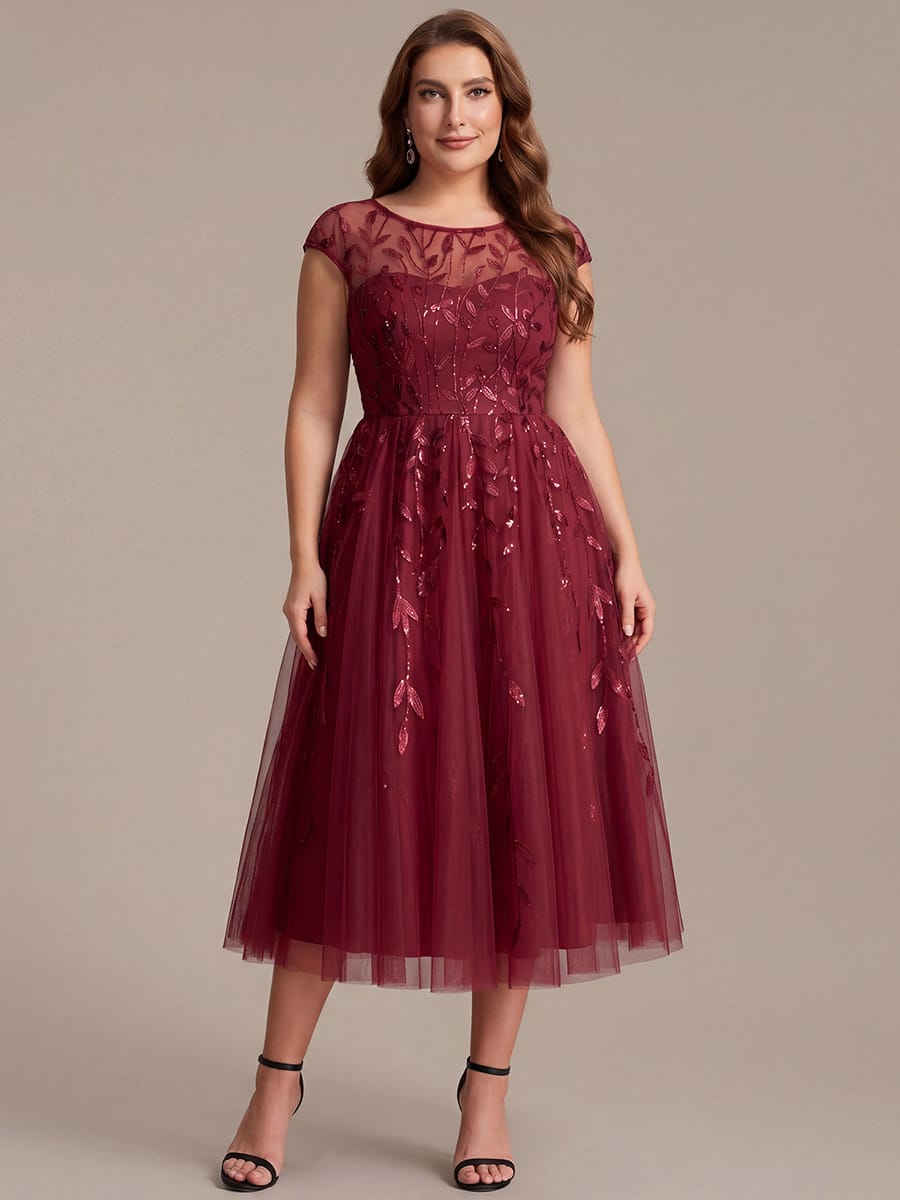 See-through Sequin Cap Sleeve Dress #color_Burgundy