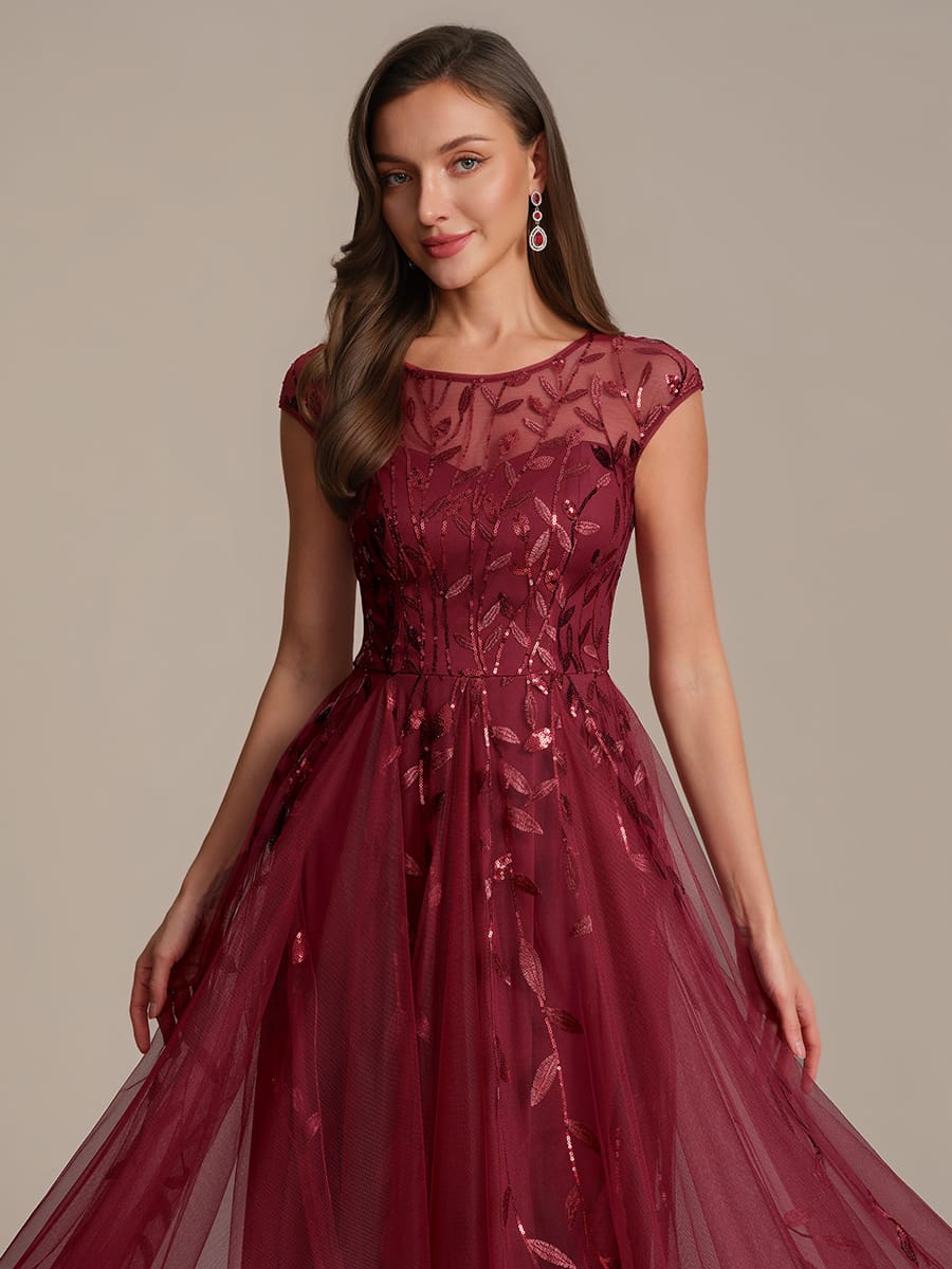 See-through Sequin Cap Sleeve Dress #color_Burgundy