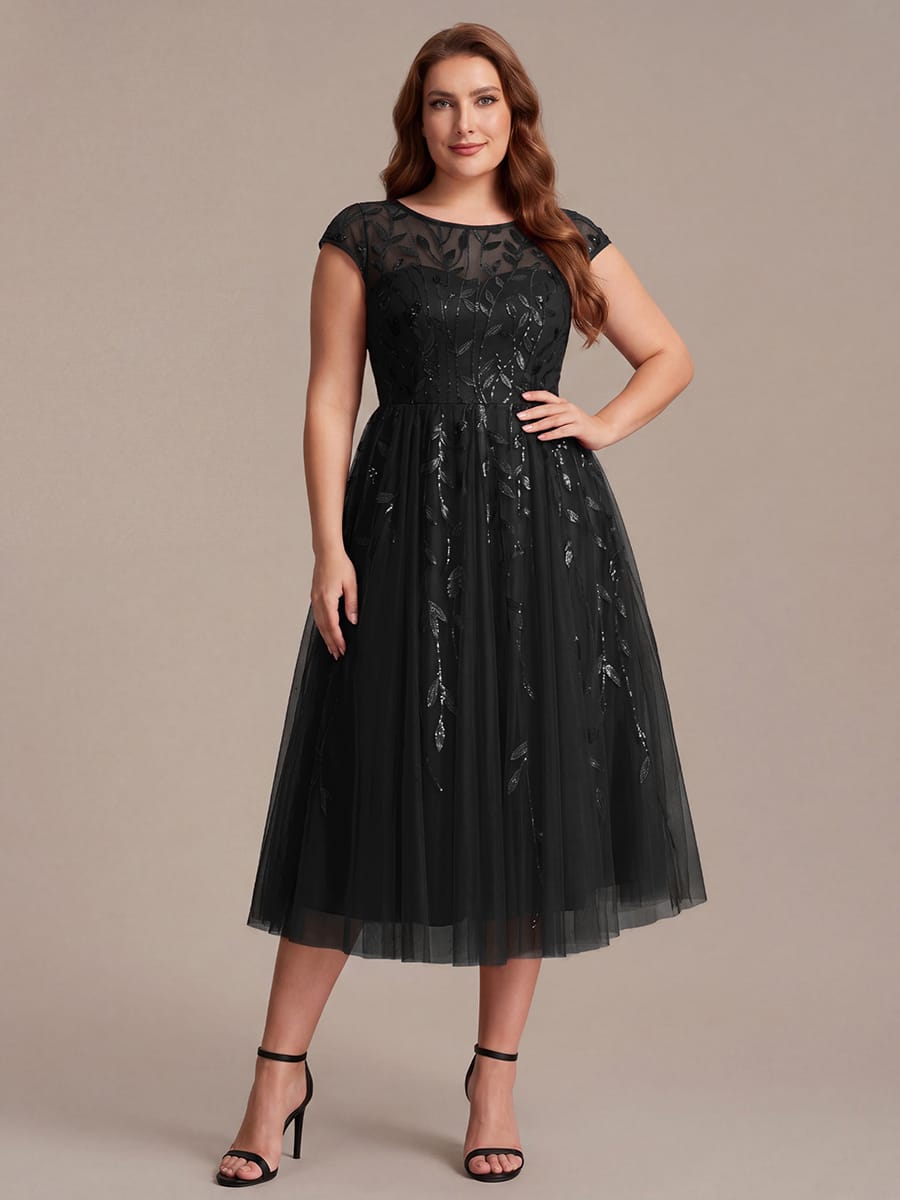 See-through Sequin Cap Sleeve Dress #color_Black