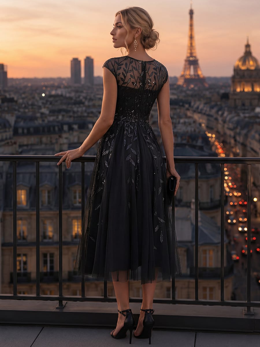 See-through Sequin Cap Sleeve Dress #color_Black