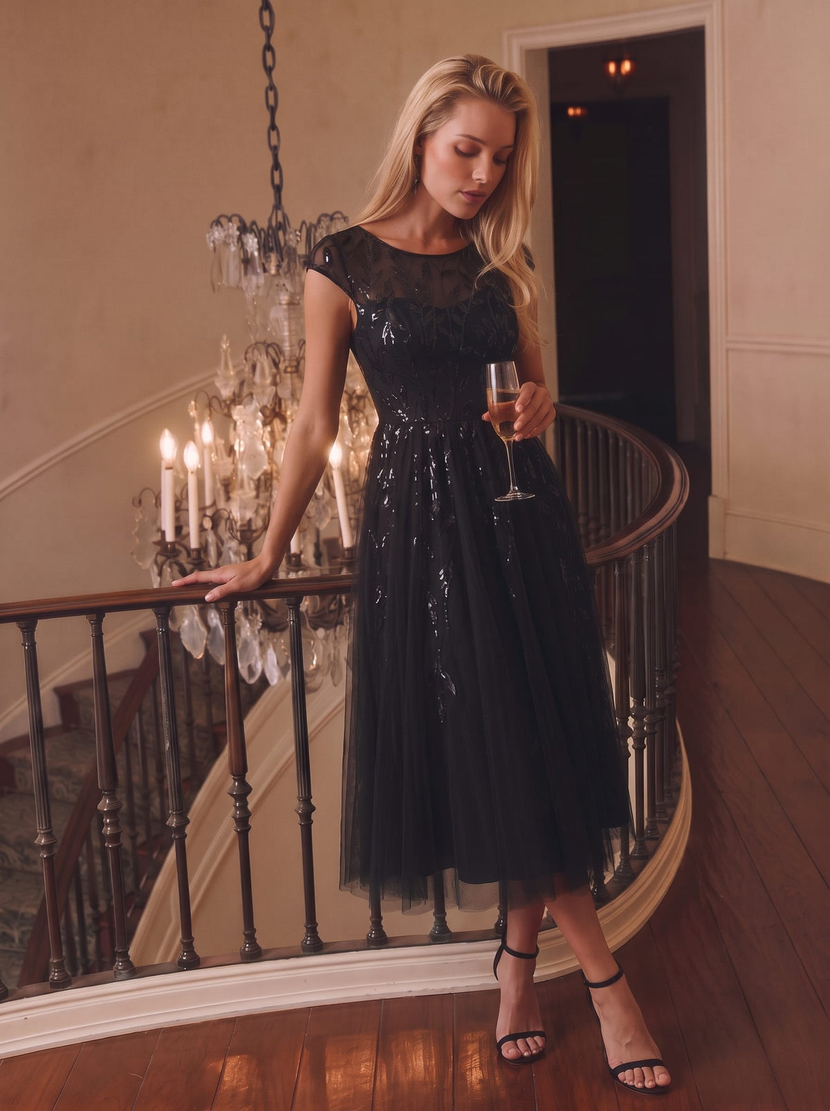 See-through Sequin Cap Sleeve Dress #color_Black