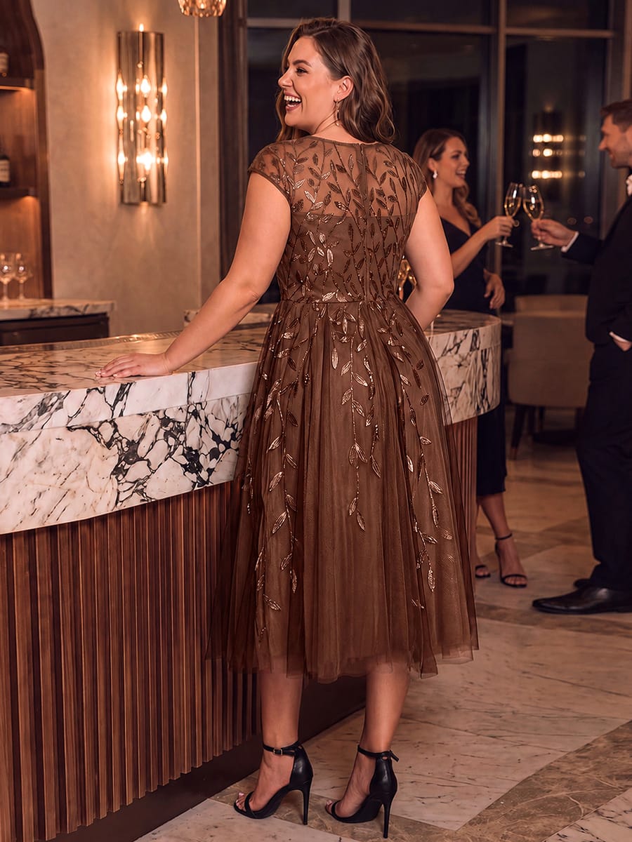 See-through Sequin Cap Sleeve Dress #color_Brown