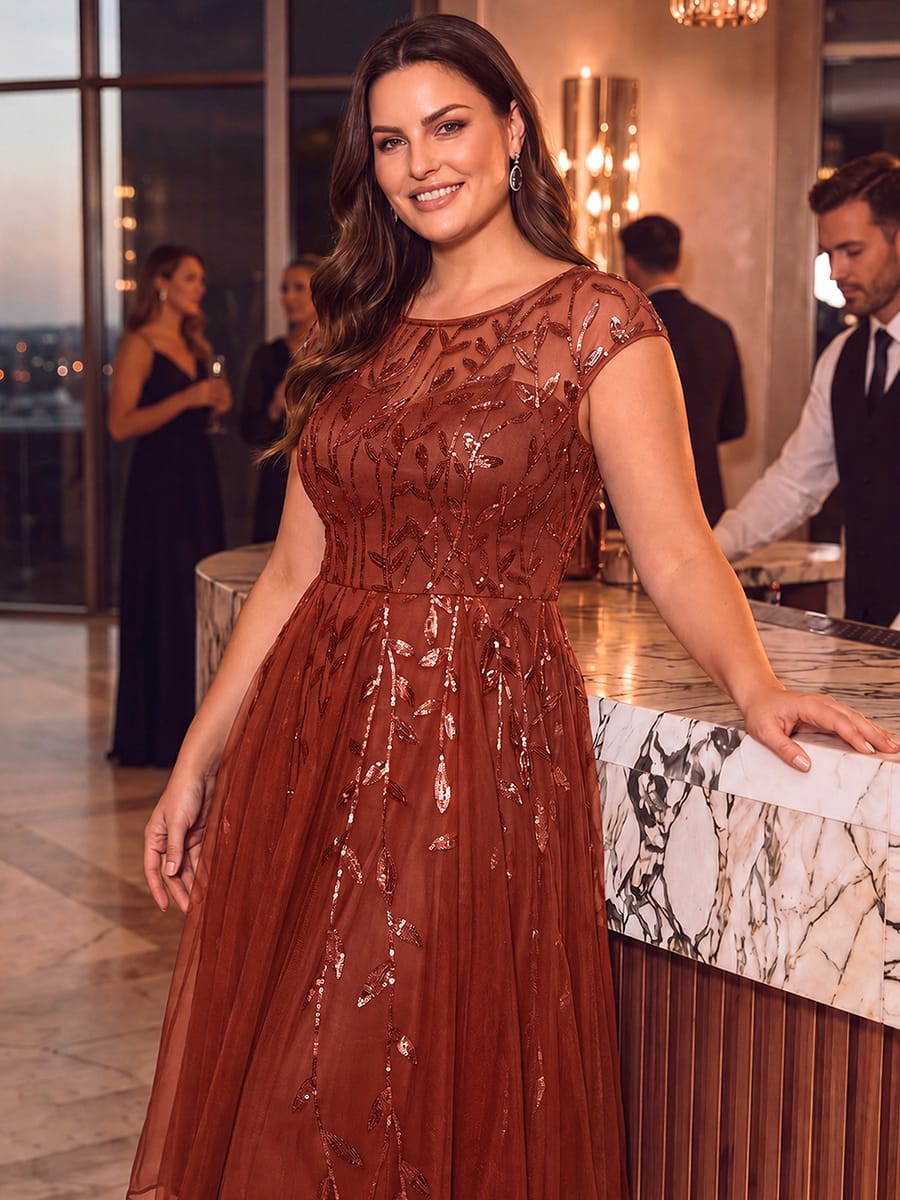 See-through Sequin Cap Sleeve Dress #color_Burnt Orange