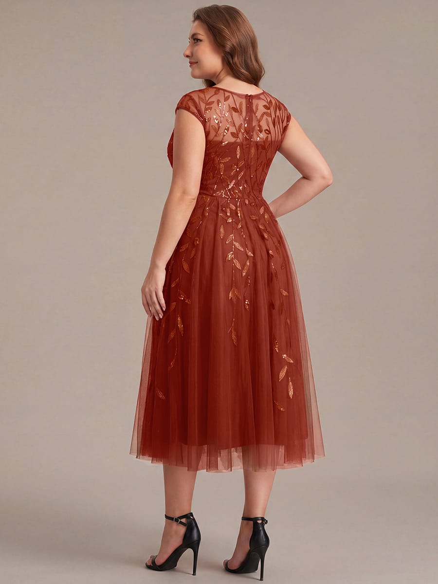 See-through Sequin Cap Sleeve Dress #color_Burnt Orange