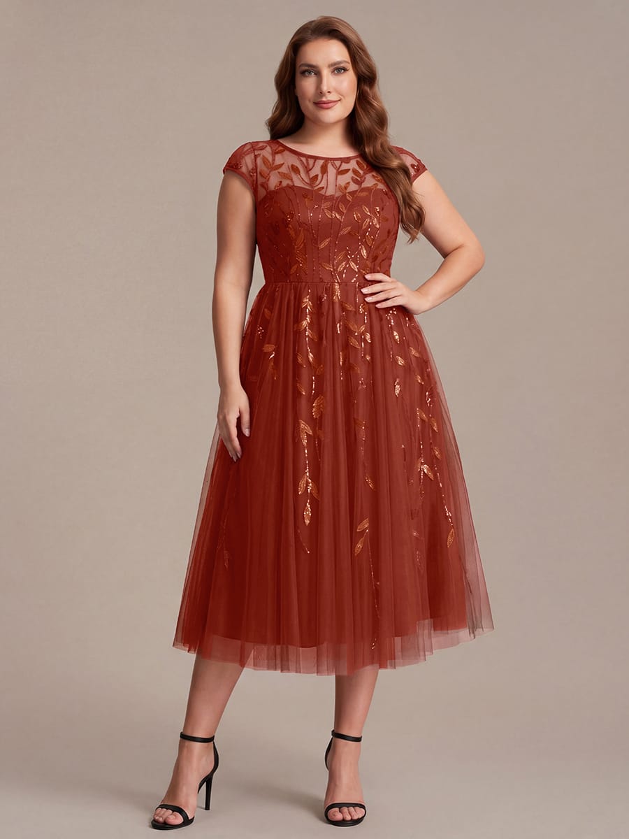 See-through Sequin Cap Sleeve Dress #color_Burnt Orange