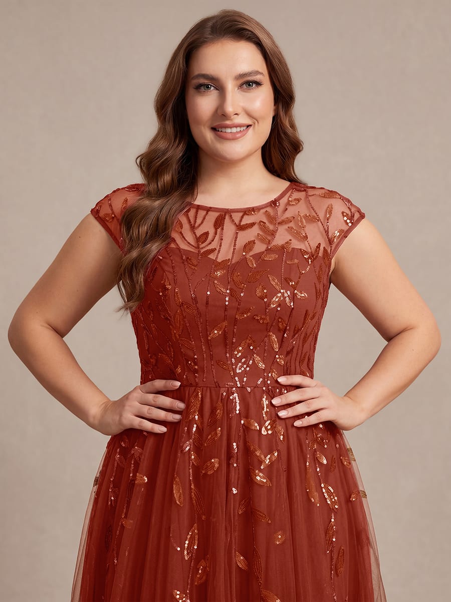 See-through Sequin Cap Sleeve Dress #color_Burnt Orange