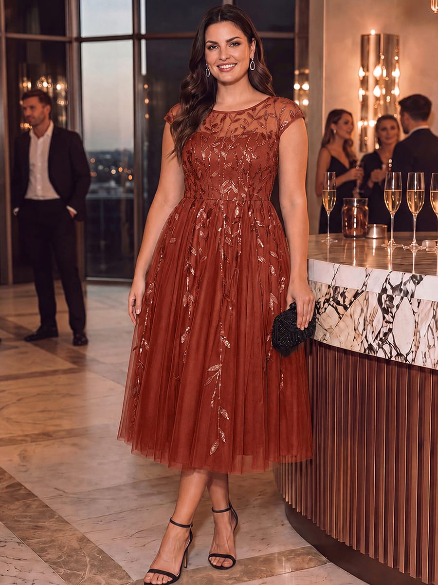 See-through Sequin Cap Sleeve Dress #color_Burnt Orange